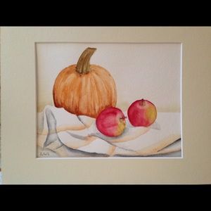 Original watercolor painting pumpkin & apples